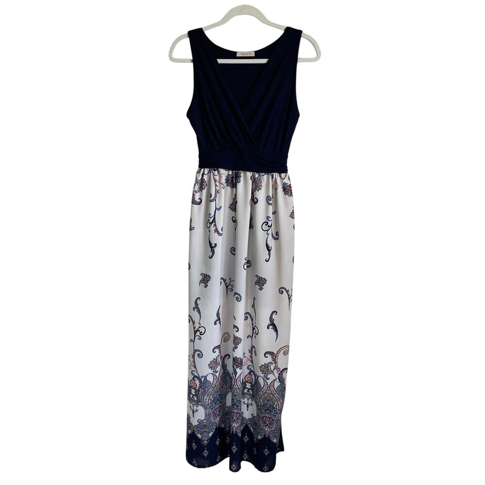 Gilli Maxi Dress Sleeveless Sz M Surplice V Neck Tie Waist Blue Paisley Lined